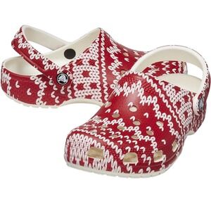 Crocs Classic Holiday Christmas Sweater Clogs Red White Adult Women 11 - Men 9